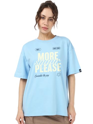 T-shirt surdimensionné femme Bewakoof bleu ciel en taille M avec motif imprimé lettres