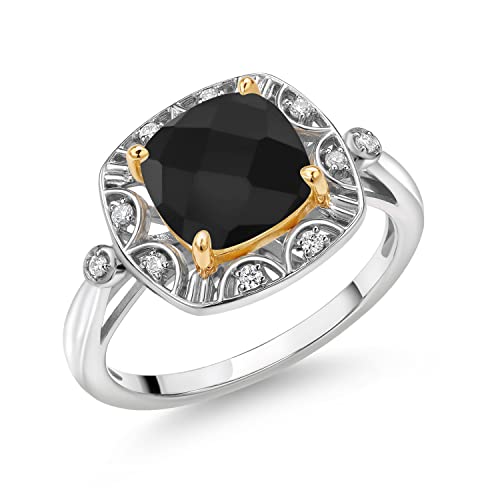 Gem Stone King 925 Sterling Silver and 10k Yellow Gold Black Onyx and White Lab Grown Diamond Engagement Ring For Women (2.18 Cttw, Cushion Checkerboard Cut 8MM, Available 5,6,7,8,9)
