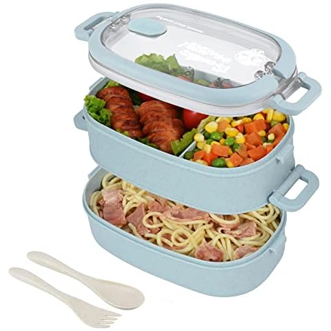 homchen Kids Lunch Box, Bento Boxes Container with 2-Layer 3-Compartment Cultery Sets for Children Adult Work School, Suitable for Microwave Dishwasher (Blue) Cover