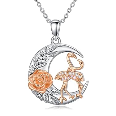 AMAZON - WINNICACA Flamingo Necklace for Women Sterling Sliver Flamingo Jewelry with Rose Flower Moon Pendant Valentine’s Day Gift Flamingo Gifts for Flamingo Lover