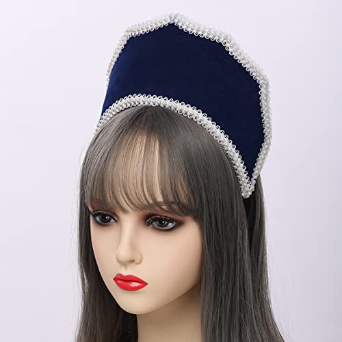 Renaissance Elizabethan Tudor Queen Royal Coronet Hooded Hat for Women Anne Boleyn Headband Victorian Headpiece (Dark Blue) - Image 3