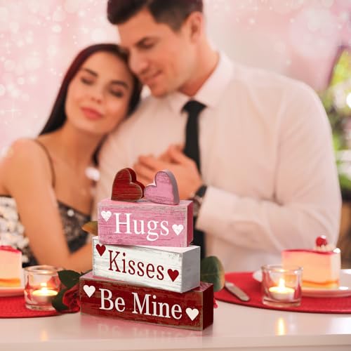 Image of Moucuny 4 Pcs Valentine's Day Table Decorations Wooden Heart Valentine Tiered Tray Decor Valentine Day Centerpiece Rustic Decorative Heart Block Signs Gift Farmhouse Valentines Decor for Home Kitchen
