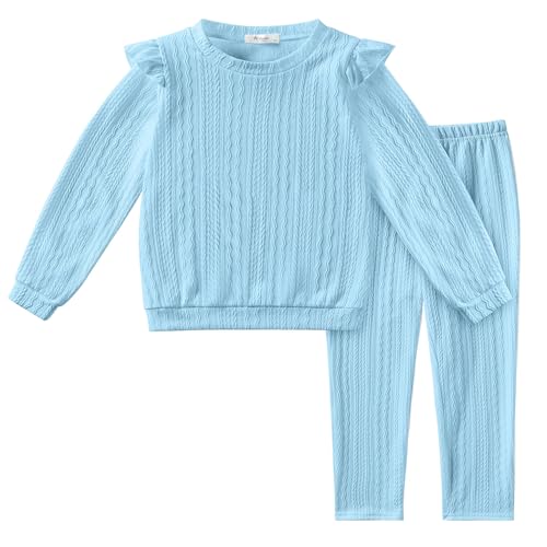 Image of Arshiner Toddler Girl 2Pcs Ribbed Knit Clothes Ruffle Trim Long-sleeve Pullover Sweatshirt and Leggings Fall Outfits 1-6T