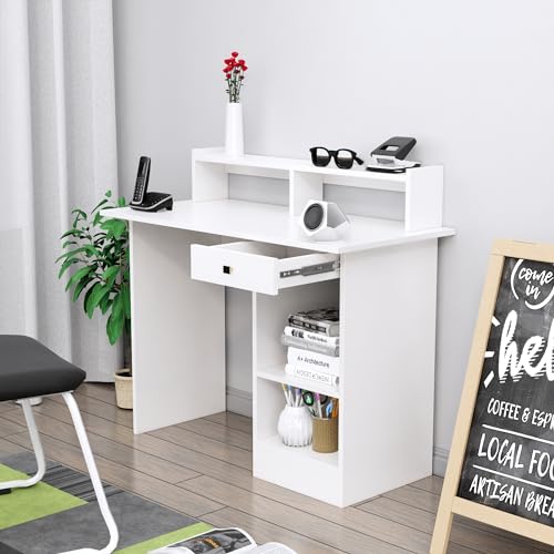 Image of Bniture Wooden Study Table for Home | Engineered Wood Study Table with Book Shelf | Multi Purpose Computer Desk for Study & Writing | Laptop Table for Home with Drawers & Storage Shelf | Frosty White