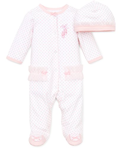 Image of Little Me Clothes for Baby Girls 100% Cotton Scratch-Free Tag Footed One-Piece Romper and Hat Sleeper Set Preemie to 9 Months