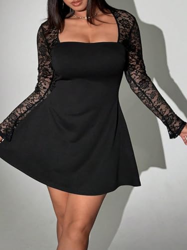 Image of Floerns Women's Plus Size Contrast Lace Sheer Long Sleeve A Line Dress Square Neck Mini Dresses
