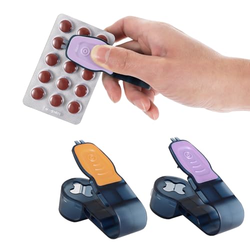 PINYOUDA 2nd Generation Blue semi Transparent Pill Extractor Tool with Storage Compartment Medicine Blister Pack Remover Dual Tooth Design for Foil Piercing (Orange and Purple) 2 pcs