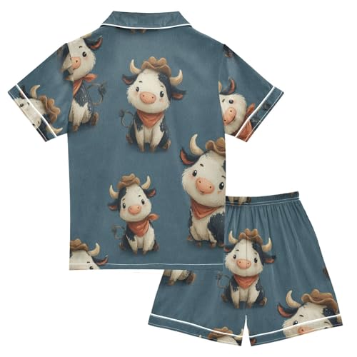 Satin Pajama Sets Short Sleeve Cow Pattern with Bandanas Button Down Silky Nightwear 2 Piece PJS 5Y,2