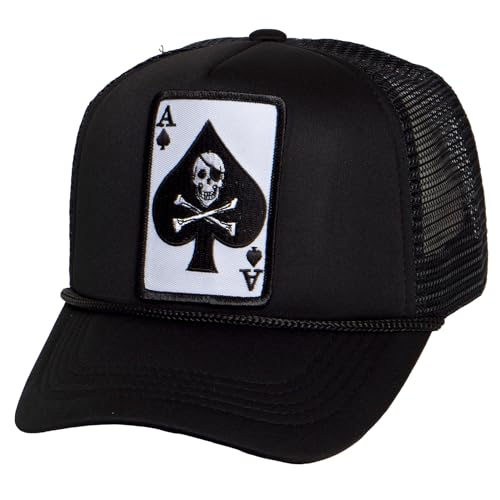 TOP HEADWEAR Men's Death Ace Trucker Hat - Ace of Spade Skull Bones Snapback Cap, Black