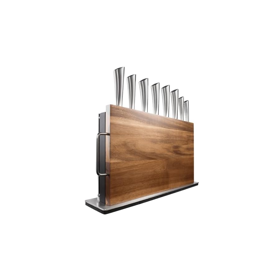 Cuisine::pro Damashiro Knife Block (Bodo, 10 Piece Set) - Premium Japanese Steel Knife Set With Tempered Glass Display - Built-in Acacia Wood Cutting Board