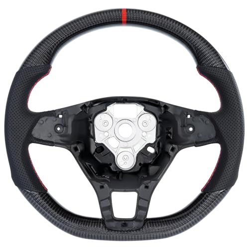 Acclcors Volant en carbone en forme de D avec fond plat et coutures rouges, poignée en cuir perforé pour Volkswagen Polo 2013-2018