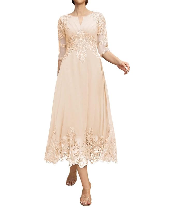 Mother of The Bride Dresses Lace 3/4 Sleeve Evening Dress Tea Length Chiffon Wedding Guest Dresses for Women