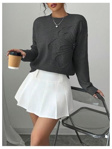 Image of RoseSeek Women's 3D Floral Appliques Crewneck Sweaters Long Sleeve Drop Shoulder Pullovers Elegant Knit Tops