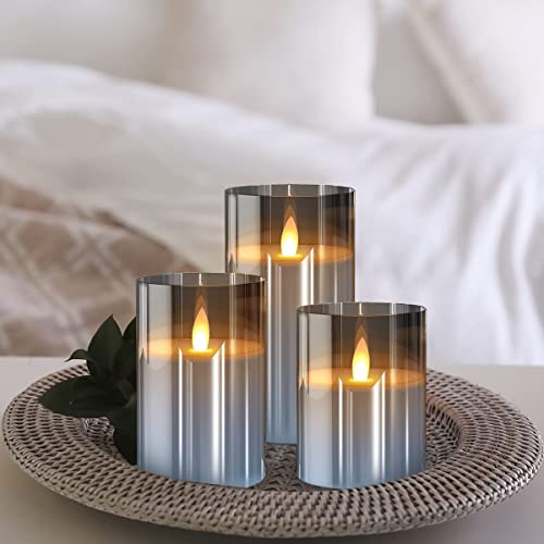 Rechargeable 3D Moving Wick Led Battery Operated Flameless Flickering Centerpieces Pillar Candles Light Decor With Remote/Timer ,Large Grey Glass Real Wax Fake Electric Candle For Christmas Fireplace #TOP6
