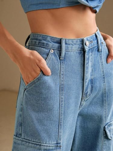 Image of GRECIILOOKS High Waist Jeans for Women - Wide Leg Straight Fit Denim | Baggy Cargo Style Casual Pants for Girls & Daily College Wear