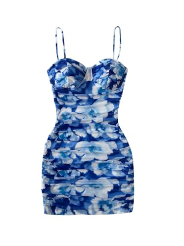 Image of SOLY HUX Women's Summer Floral Corset Dress Spaghetti Strap Ruched Mesh Bodycon Vacation Mini Dresses