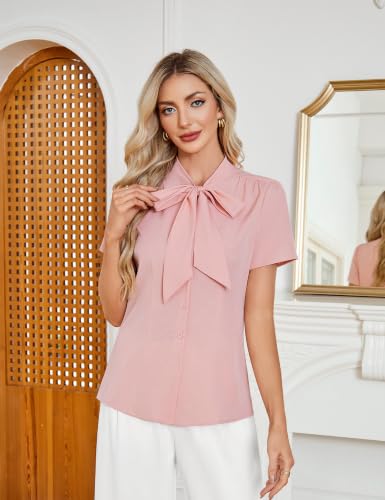 Image of Belle Poque Summer Short Sleeve Office Button Down Blouse Stripe Shirt Tops with Bow Tie BP573