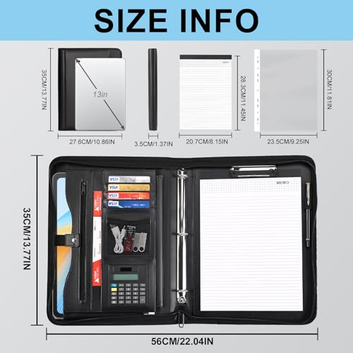 Image of Eshow Portfolio Organizer - 3 Ring Binder with Zipper, Vegan Leather Business Padfolio Folder with Notepad Includes 10 Clear Sheet Protectors for Documents Files for Men Women