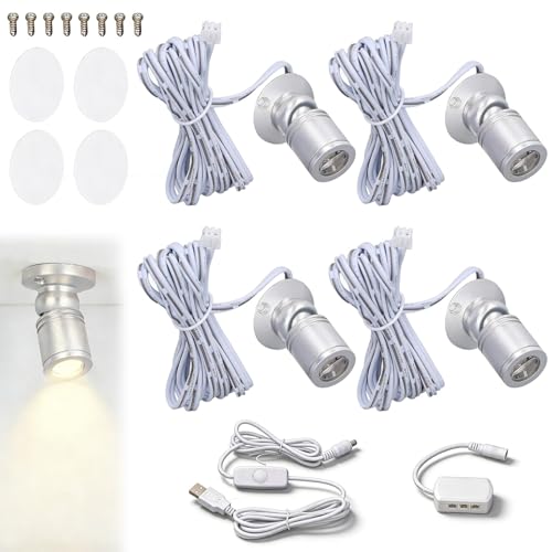 Gsycle 4 Stück LED-Display-Spot-Lichter, 5 V, dimmbar, USB-Mini-Strahler für Schmuck, Vitrine, Veranda, Eingangsbereich (Naturlicht)
