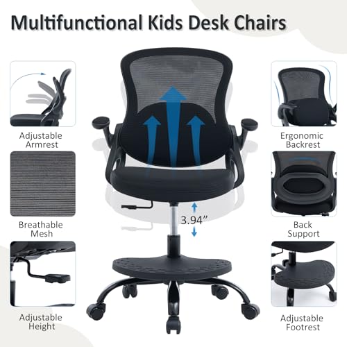 Image of Kids Desk Chair,Ergonomic Study Chair with Adjustable Height,Swivel Mesh Desk Chair with Wheels,Home Office Chair for Children in Home Bedroom Black