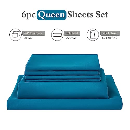 Image of ILAVANDE Teal Queen Sheets Set 6 Piece,Hotel Luxury Super Soft 1800 Series Microfiber Queen Bed Sheets Set-Wrinkle Free & Breathable-14 Deep Pocket Sheets for Queen Size Bed(Queen,Teal)