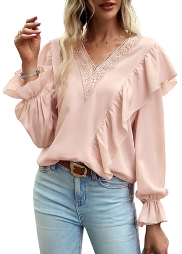 Image of Rooscier Women's Fall Lace V Neck Ruffle Trim Flounce Long Sleeve Elegant Tunic Blouse Top Pink Large