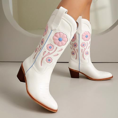 Image of Womens Floral Cowboy Boots,Cute Mid Calf Flower Cowgirl Western Country Boot Pointed Toe Chunky Heel Shoes for Women.