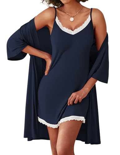 Image of Ekouaer Robes Womens Nightgown and Robe Set 2 Piece Sexy Lace Spaghetti Strap Lightweight Sleepwear with Pockets S-XXL