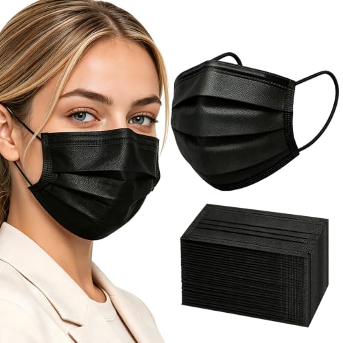 akgk 200pcs Disposable Face Masks, Black Mask, 3 Ply Disposable Masks