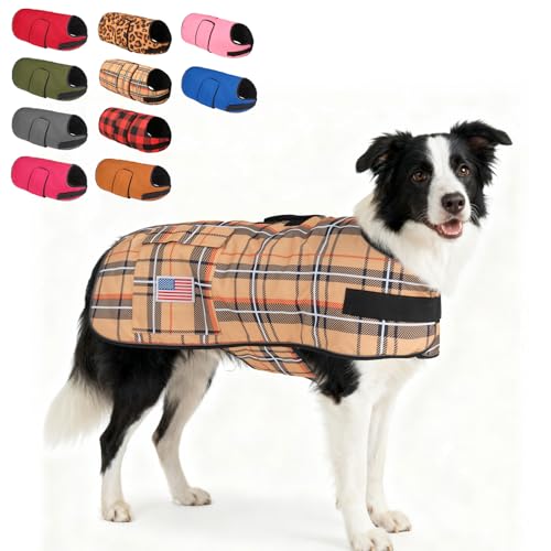 Image of BEAUTYZOO Dog Winter Coat for Large Dogs, Waterproof Oxford Canvas Jackets | Warm Fleece Great Dane Sweater, Reflective Cold Weather Coats, Windproof Blanket Clothes for Female Male, Khaki Plaid L