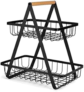 フルーツバスケット キッチン用2段メタルフルーツボウルフルーツバスケットリムーバブルポータブルワイヤー収納バスケット、フルーツバスケット 金属製 果物かご 卓上収納 お菓子・収納かご フルーツボウル 小物入 果物と野菜の収納カート、野菜箱ラック、ピクニック用の大容量ポータブルシェルフ収納ラック (ブラック)