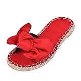  Vertvie Damen Pantoletten mit Schleife Komfort Sommer Sandalen in hochwertiger Tuch Weich Freizeit Strandsandalen Outdoor Flip Flops(40 EU, Rot)