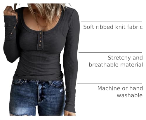 Image of KINLONSAIR Women Long Sleeve Henley Shirts Scoop Neck T-shirt Basic Tops | Lightweight Soft Ribbed Knit Tees, Casual Tunics,Slim Fit Button Up Top,Spring Outfits, Fall Winter Layering,Daily Wear