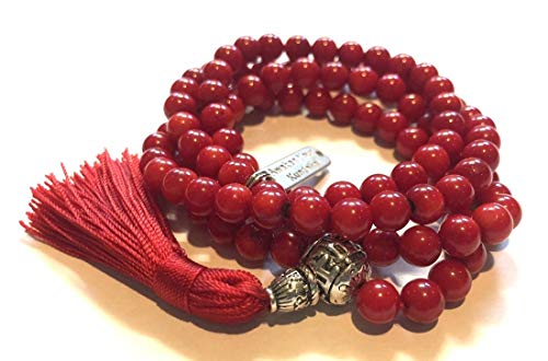 Red coral prayer beads japa mala necklace 6-7mm handmade 108+1 yoga meditation beads. Buddhist karma rosary for nirvana chanting om awakening chakra kundalini - w/ Velvet Pouch