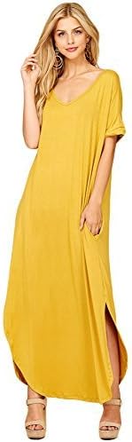 Annabelle Women's V Neck Short Sleeve Split Long Maxi Dresses with Pockets