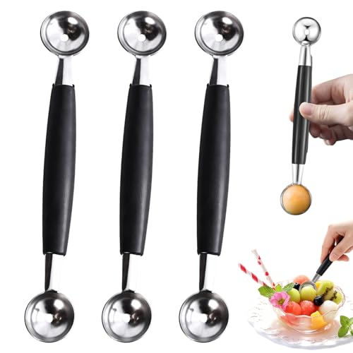 KinetiCore 3 PCS Double Sided Melon Baller Stainless Steel Fruit Baller Scoop for Melon Ice Cream Dessert Double Scoops Non-Slip Handle Dishwasher Safe Kitchen Tool Set