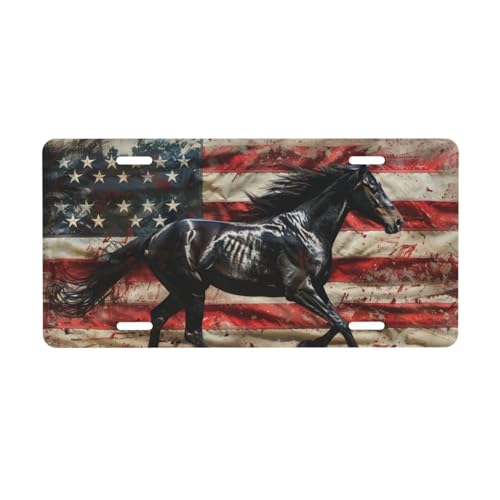 American Flag with Black Horse License Plate, Decorative Car Front License Plate, Aluminum Novelty License Plates Vanity Tag Metal Car Plate for Women Men 6 X 12 Inch