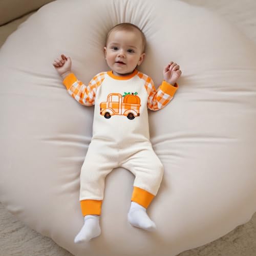 SAYOO Newborn Baby Girl Boy Thanksgiving Halloween Outfit Pumpkin Turkey Embroidered Contrast Waffle-Knit Romper Jumpsuit2