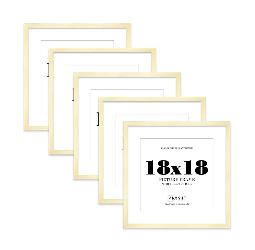 18x18 Gold Picture Frame with Mount for 16x16 Photos, Prints - Modern Square Wall Frame, Set of 5