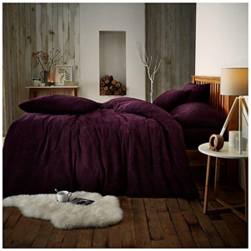 GC GAVENO CAVAILIA Teddy Fleece Double Duvet Set With Pillow Cases, Thermal Warm Soft & Cosy Fluffy Bear Double Bedding Set - Aubergine