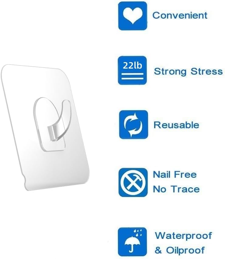 Miniatura 6 de Paquete de 30 ganchos adhesivos para colgar, ganchos de puerta de pared resistentes de 22 libras, gancho adhesivo de plástico transparente para