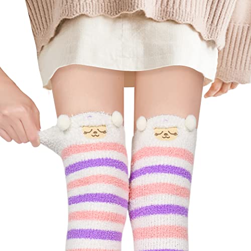 Image of Benefeet Sox Girls Cute Animal Fuzzy Knee High Socks Womens Funny Striped Cozy Winter Warm FluffyThigh High Socks Leg Warmers