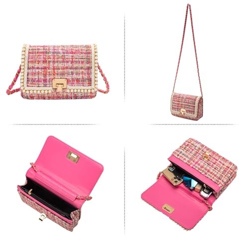 Shoulder Bag Chain Purse for Women, Fashion Clutch Crossbody Bag Retro Tweed Pearl Underarm Bag Square Satchel Handbag3