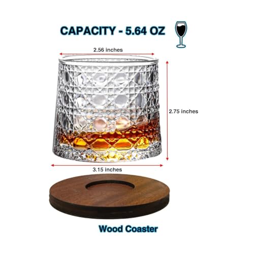 Image of Spinny Whiskey Glasses Set | Rotatable Heavy Base Tumbler Crystal Glass Cups, Glasses with Creative Coasters | Perfect for Scotch, Bourbon, Juice, Water, Cocktails (150 ml - Design D with Coaster)