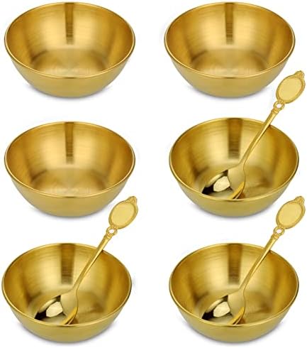 Dipping Bowls Set of 6, Stainless Steel Golden Dip Bowls Serving Dishes Set, Tapas Bowls, Small Bowls for Dips Ingredients Appetizer Sauce Nibbles, Polished Snack Bowls, Incl 3 Spoon, Dishwasher Safe