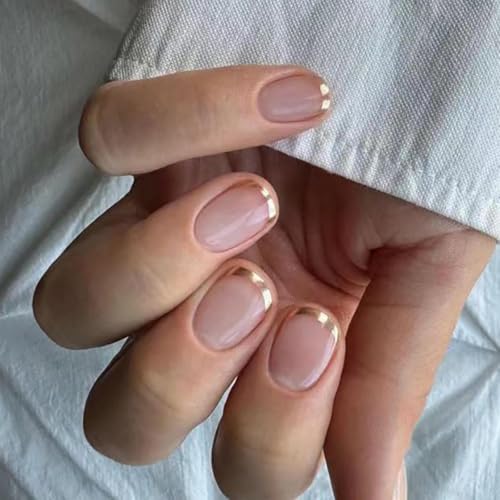 Image of Gold French Tip Press on Nails Short Fake Nails with Design Square Acrylic Glue on Nails Glossy Full Cover Nude Stick on Nail Reusable Artificial Squoval False Nail for Women Girls Manicure 24pcs