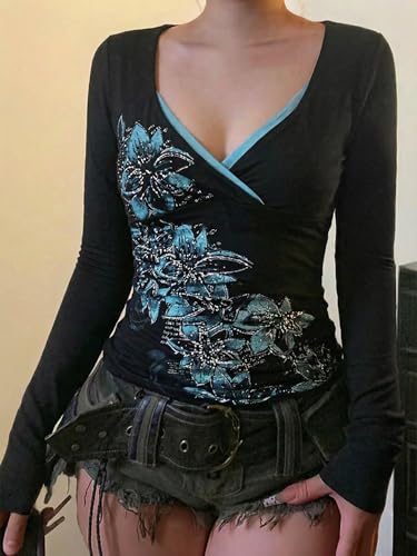Image of EMMIOL Y2K Fairy Grunge Short Sleeve Shirts for Women Vintage Floral Graphic V Neck Cute Going Out Tops Emo Summer Tee