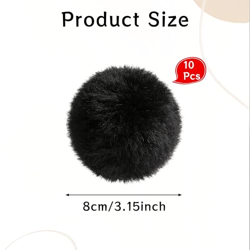 Image of 10Pcs Black 3.2Inch Faux Fur Pom Poms for Hats with Elastic Loop DIY Crafts