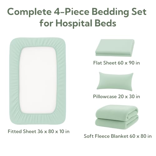 Image of Care Bed Sheets Set 4 Pcs - 36 inchx80 inch Fitted Sheet, Flat Sheet, Pillowcase & Blanket - Twin XL Hospital Style Sheets for Home or Adjustable Beds(Green)