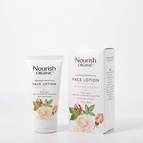 Nourish Organic | Lightweight Moisturizing Face Lotion - Rosewater & Argan | GMO-Free, Cruelty Free, 100% Vegan (1.7oz)